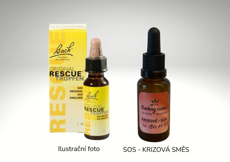 Lahvička krizové SOS směsi Bachových esencí vedle originálního Bach Rescue
